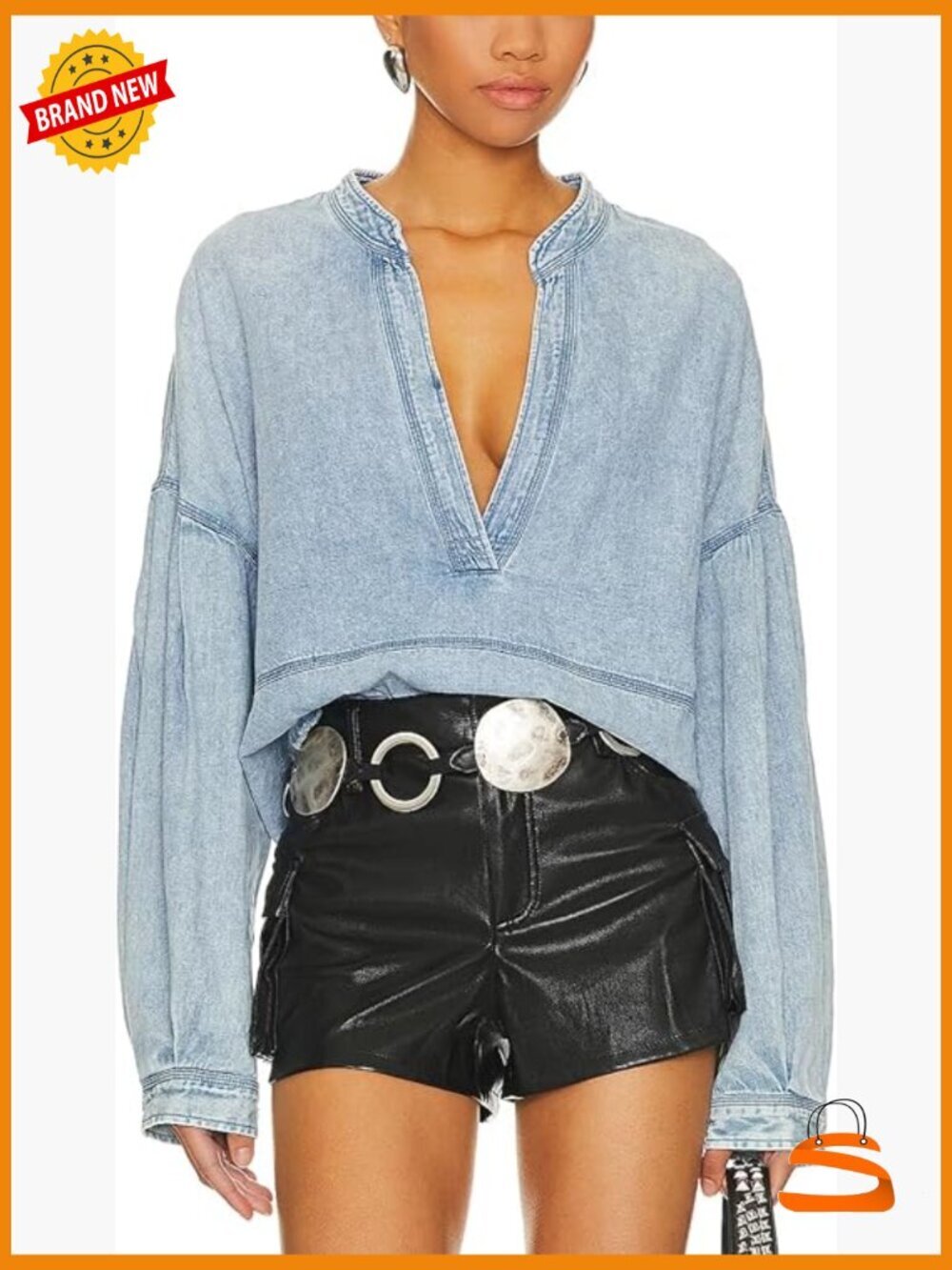 Women's Denim Pullover Deep V Neck Long Sleeve Raw Hem Loose Fit Casual Tops